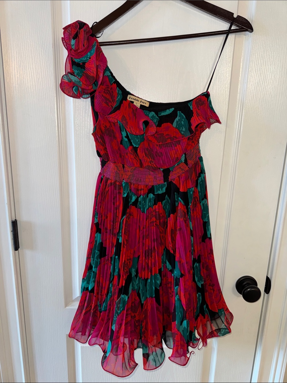 Double Zero One-Shoulder Pleated Floral Mini Dress in Pink & Teal